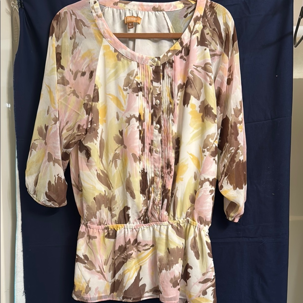 Ellen Tracy Floral Long Sleeve Dress - Pink, Yellow, Brown